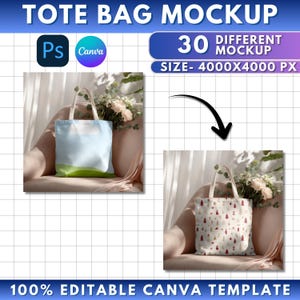 May include: A tote bag mockup with two different designs. One bag has a light blue and green design, and the other has a pattern of red trees and figures. The text "TOTE BAG MOCKUP" and "100% EDITABLE CANVA TEMPLATE" are visible.