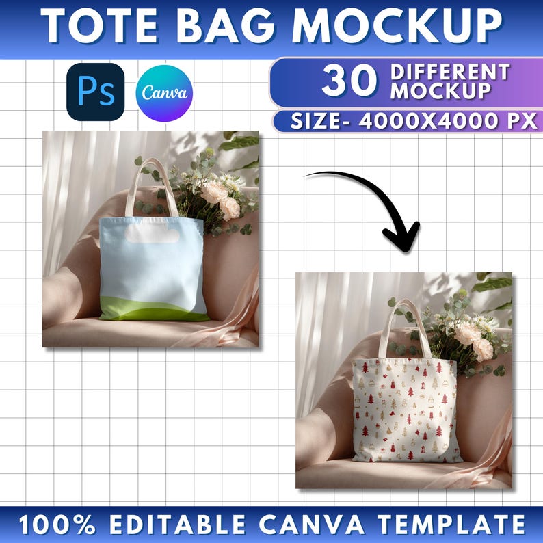May include: A tote bag mockup with two different designs. One bag has a light blue and green design, and the other has a pattern of red trees and figures. The text "TOTE BAG MOCKUP" and "100% EDITABLE CANVA TEMPLATE" are visible.