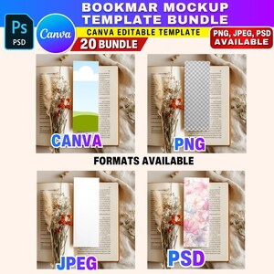 K&ouml;nnte beinhalten: Ein Mockup-Vorlagenpaket f&uuml;r Lesezeichen mit vier verschiedenen Designs. Das Bild enth&auml;lt den Text "BOOKMARK MOCKUP TEMPLATE BUNDLE" und "CANVA EDITABLE TEMPLATE". Verf&uuml;gbare Formate sind PNG, JPEG und PSD. Die Canva- und PSD-Logos sind sichtbar.