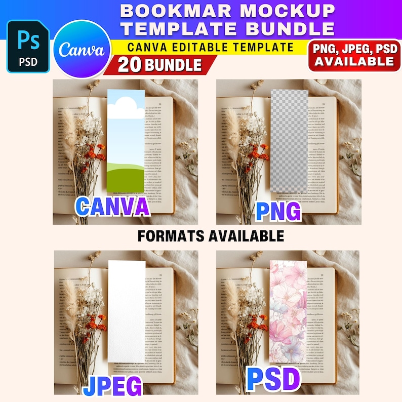 K&ouml;nnte beinhalten: Ein Mockup-Vorlagenpaket f&uuml;r Lesezeichen mit vier verschiedenen Designs. Das Bild enth&auml;lt den Text "BOOKMARK MOCKUP TEMPLATE BUNDLE" und "CANVA EDITABLE TEMPLATE". Verf&uuml;gbare Formate sind PNG, JPEG und PSD. Die Canva- und PSD-Logos sind sichtbar.