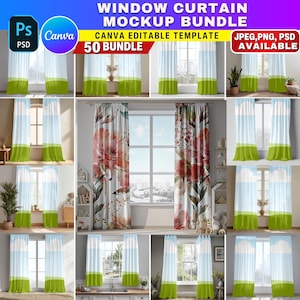 May include: A mockup bundle of window curtains in various styles. The image displays multiple curtain designs, including floral patterns and solid color blocks. The text on the image reads "WINDOW CURTAIN MOCKUP BUNDLE" and "CANVA EDITABLE TEMPLATE".