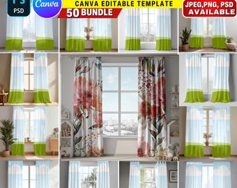 Paquete de 50 maquetas de cortinas para Canva / Superposición PNG de arrastrar y soltar / Maquetas realistas de cortinas / Maquetas digitales de cortinas