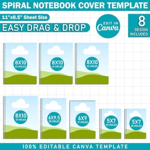 Könnte beinhalten: Eine Vorlage für Spiralnotizbuch-Cover mit verschiedenen Größen, einschließlich 28 x 21,6 cm Blättern. Das Design umfasst acht verschiedene Cover-Optionen, mit Größen wie 20 x 25 cm, 15 x 24 cm und 13 x 18 cm. Die Cover zeigen eine Landschaft mit Himmel und grünen Hügeln.