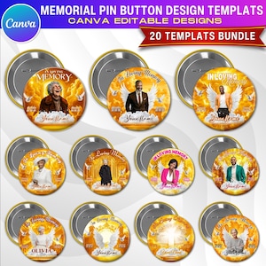 May include: A collection of memorial pin button design templates. Each button features a portrait, the text "In Loving Memory", and space for a name. The buttons have a gold and white color scheme with angel wings and a heavenly background. The image includes the text "20 TEMPLATS BUNDLE".