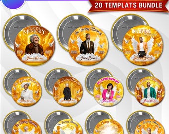 20x Memorial Yellow Pin Button Templates Bundle | Editable Canva Funeral Button Designs, In Loving Memory Favor RIP Digital Pin Badge Bundle