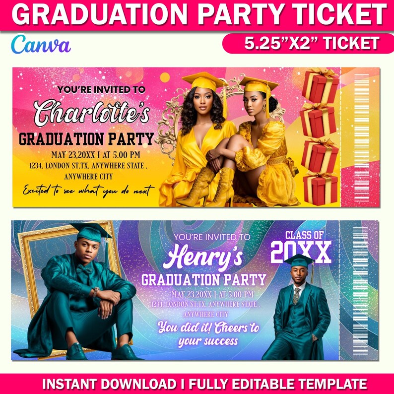 10x Graduation Party Ticket Template Bundle | Editable Canva Designs ...