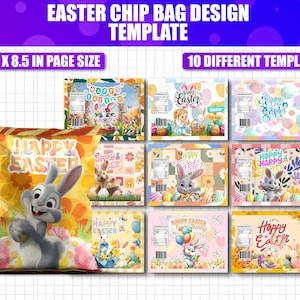 以下が含まれることがあります： イースターをテーマにしたチップバッグのデザインコレクション。画像には、漫画のウサギと「Happy Easter」の文字が入った大きなバッグが写っています。バッグの周りには、それぞれイースターのグラフィックとテキストが施された9つの異なるデザインテンプレートがあります。「11 x 8.5 in page size」と「10 different template」の文字も表示されています。