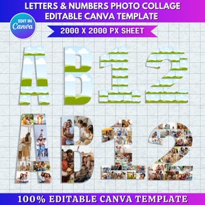 May include: A digital template for photo collages featuring the letters A, B, and the numbers 1 and 2. The template is designed for use in Canva and includes the text "LETTERS & NUMBERS PHOTO COLLAGE EDITABLE CANVA TEMPLATE".