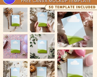 50x Invitation Canva Mockup Bundle | 5x7 Editable Card Display | Boho Wedding, Thank You, Greeting & Birthday Card Mockups