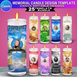 Op de afbeelding: Een verzameling gedenkkaarsontwerpsjablonen. Elke kaars toont een foto, de woorden "In Loving Memory" en data. De kaarsen hebben verschillende achtergrondkleuren en ontwerpen, met een vlam bovenaan. De tekst "Canva Editable Designs" is inbegrepen.