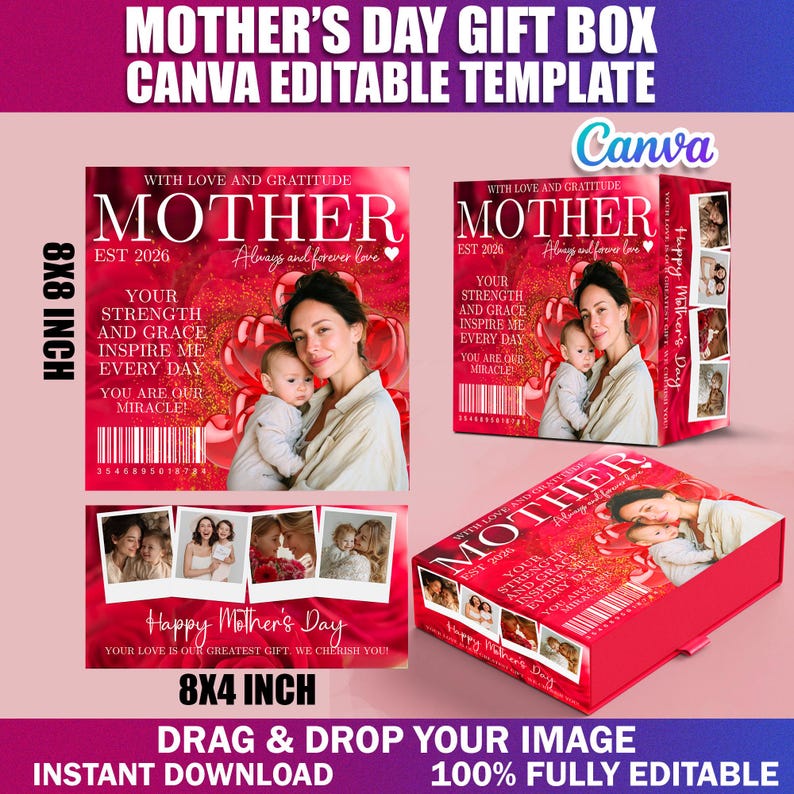 Mother’s Day Gift Box Canva Editable Template | Printable Favor Box for ...