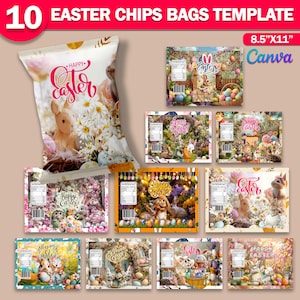 May include: A collection of ten Easter-themed chip bag templates. The designs feature bunnies, eggs, flowers, and the words "Happy Easter." The bags are 8.5" x 11" and created with Canva.