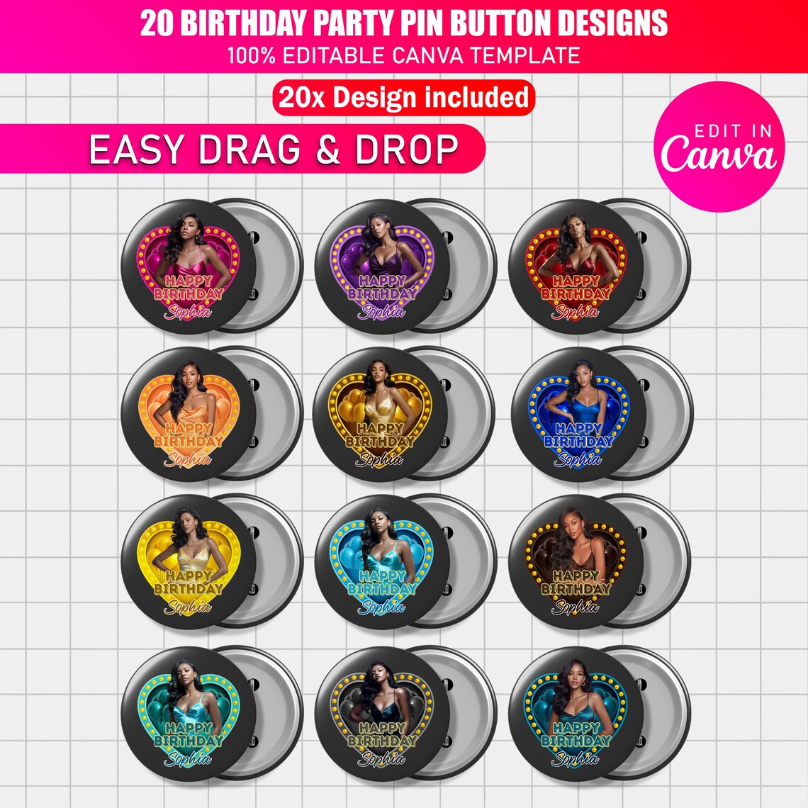 20x Birthday Party Pin Button Canva Templates | Editable Birthday Queen ...