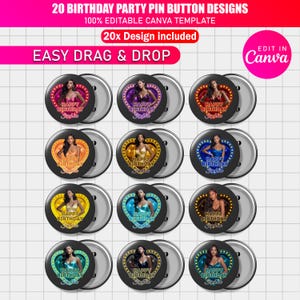 May include: A collection of twenty birthday party pin button designs. Each button features a heart-shaped design with a woman's image and the text "Happy Birthday Sophia". The buttons are in various colors and are easy to drag and drop.