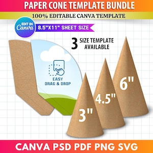 Op de afbeelding: Een papieren kegel sjabloonbundel met drie beschikbare maten: 7,6 cm, 11,4 cm en 15,2 cm. Het ontwerp bevat een Canva-sjabloon, met eenvoudige drag-and-drop functionaliteit. Beschikbaar in Canva, PSD, PDF, PNG en SVG.