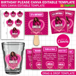以下が含まれることがあります： ステッカー、扇子、ショットグラス、ゲームカードなど、ピンク色の誕生日のパーティー用品のコレクション。女性の写真、名前「AMELIA」、フレーズ「PLEASE」がデザインされています。「21's BIRTHDAY」の文字も表示されています。