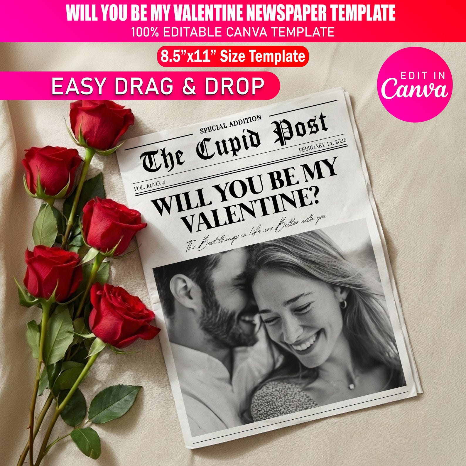 Will You Be My Valentine Newspaper Template | Personalized Valentine ...