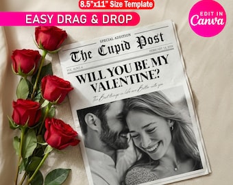 Will You Be My Valentine Newspaper Template | Personalized Valentine Gift | Printable Flower Bouquet Wrap Template | Newspaper Cupid Post