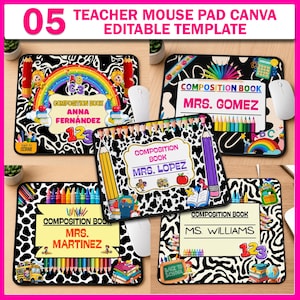 May include: A collection of teacher-themed mouse pads with a black and white cow print design. Each pad features a composition book design with a teacher's name, along with school-related graphics like pencils, rainbows, and the text "Back to School."
