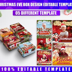 May include: A set of five editable Christmas Eve box design templates featuring festive graphics, including Santa Claus, penguins, and holiday ornaments. The templates display customizable text areas for names and the phrase Merry Christmas.