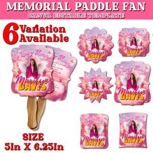 6x Pink Memorial Funeral Fan Canva Template | Editable Celebration of Life Paddle Fan Design | In Loving Memory Handheld Tribute