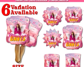 6x Pink Memorial Funeral Fan Canva Template | Editable Celebration of Life Paddle Fan Design | In Loving Memory Handheld Tribute