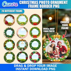 20x Christmas Photo Ornament PNG Bundle | Custom Photo Ornament Canva Editable | Round Picture Ornament Frame Template