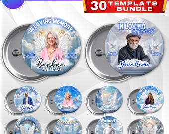 30x Memorial Blue Pin Button Templates Bundle | Editable Canva Funeral Button Designs | In Loving Memory Favor, RIP Digital Pin Badge Bundle
