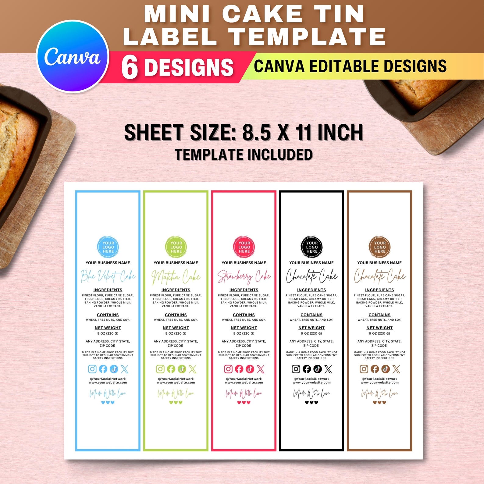 5X Mini Cake Tin Label Template | Editable Bakery Sticker | Printable ...