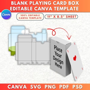 May include: A blank playing card box template with the text "Place Your Design Here" on the front. The template includes a playing card and is designed for an 27.9 cm x 21.6 cm sheet. The design is editable in Canva.