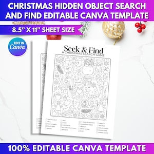 Peut inclure: Deux feuilles blanches avec un jeu de recherche d'objets cachés sur le thème de Noël. Les feuilles mesurent 21,6 cm x 27,9 cm et présentent diverses illustrations festives. Le texte "Seek & Find" et "100% Editable Canva Template" sont également visibles.