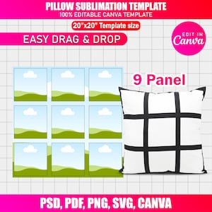 Puede incluir: Un cojín blanco con un diseño de cuadrícula negra, junto a una plantilla de 9 paneles con gráficos de paisajes. El texto incluye "PILLOW SUBLIMATION TEMPLATE", "20"x20" Template size" y "EASY DRAG & DROP". El diseño es editable en Canva.