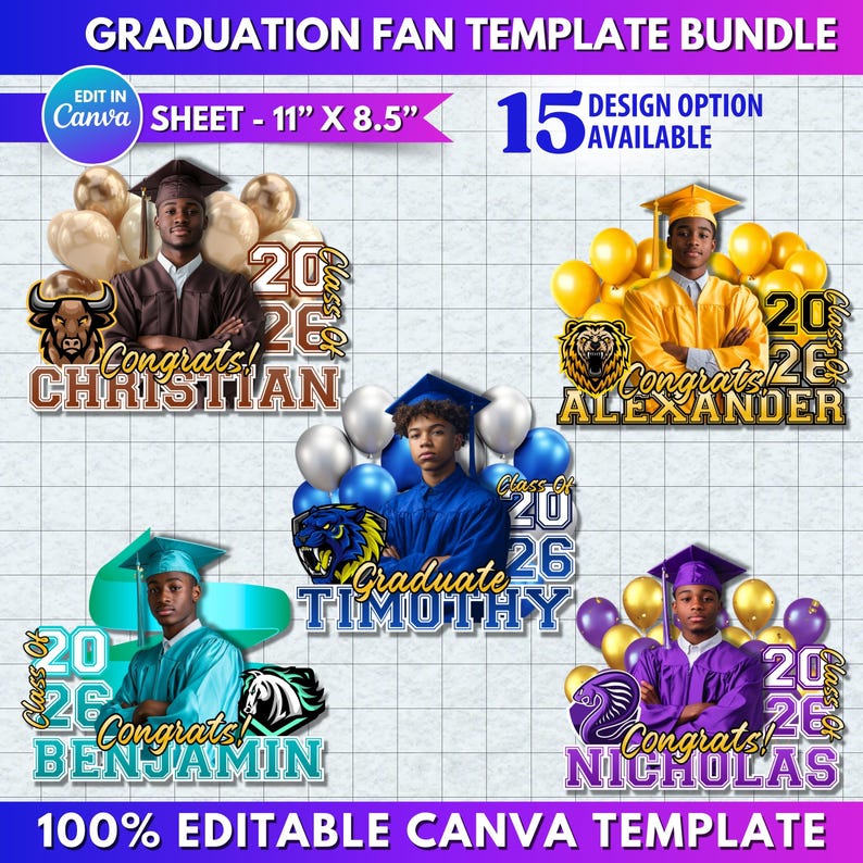 15x Graduation Fan Template Bundle | Class of 2026 Paddle Fan | Custom ...