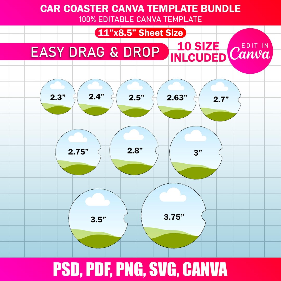 10x Car Coaster Canva Template Bundle | Blank Car Coaster SVG PNG ...