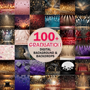 May include: A collage of digital graduation backdrops. The image features various backgrounds with confetti, stage lights, and graduation caps. The central image has the text "100+ GRADUATION DIGITAL BACKGROUND & BACKDROPS" in pink and white.