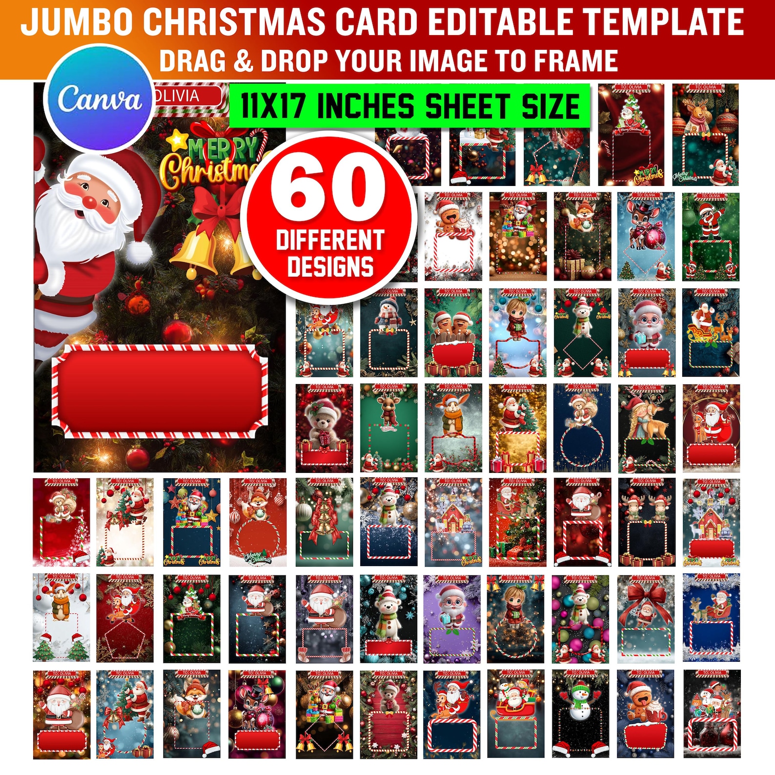 60x Jumbo Christmas Card Template Bundle Editable Canva Templates