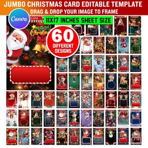 May include: A Christmas card template with 60 different designs. The template includes a large red rectangle with a candy cane border, a Santa Claus illustration, and the text "JUMBO CHRISTMAS CARD EDITABLE TEMPLATE". The sheet size is 27.94cm x 43.18cm.