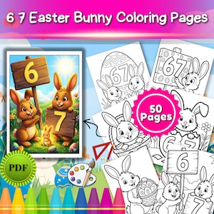 Pode incluir: Um conjunto de 6-7 páginas para colorir de coelhinhos da Páscoa. A imagem inclui uma ilustração colorida de coelhos segurando placas com números e várias páginas para colorir em preto e branco com temas de coelhinhos da Páscoa. O texto diz "6 7 Easter Bunny Coloring Pages" e "50 Pages".