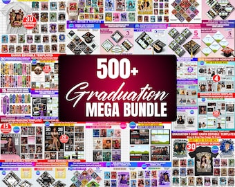 May include: A promotional image for graduation-themed templates. The image features a large central text that reads "500+ Graduation MEGA BUNDLE". Surrounding the text are various templates for t-shirts, invitations, and cap toppers. The templates are designed for use with Canva.