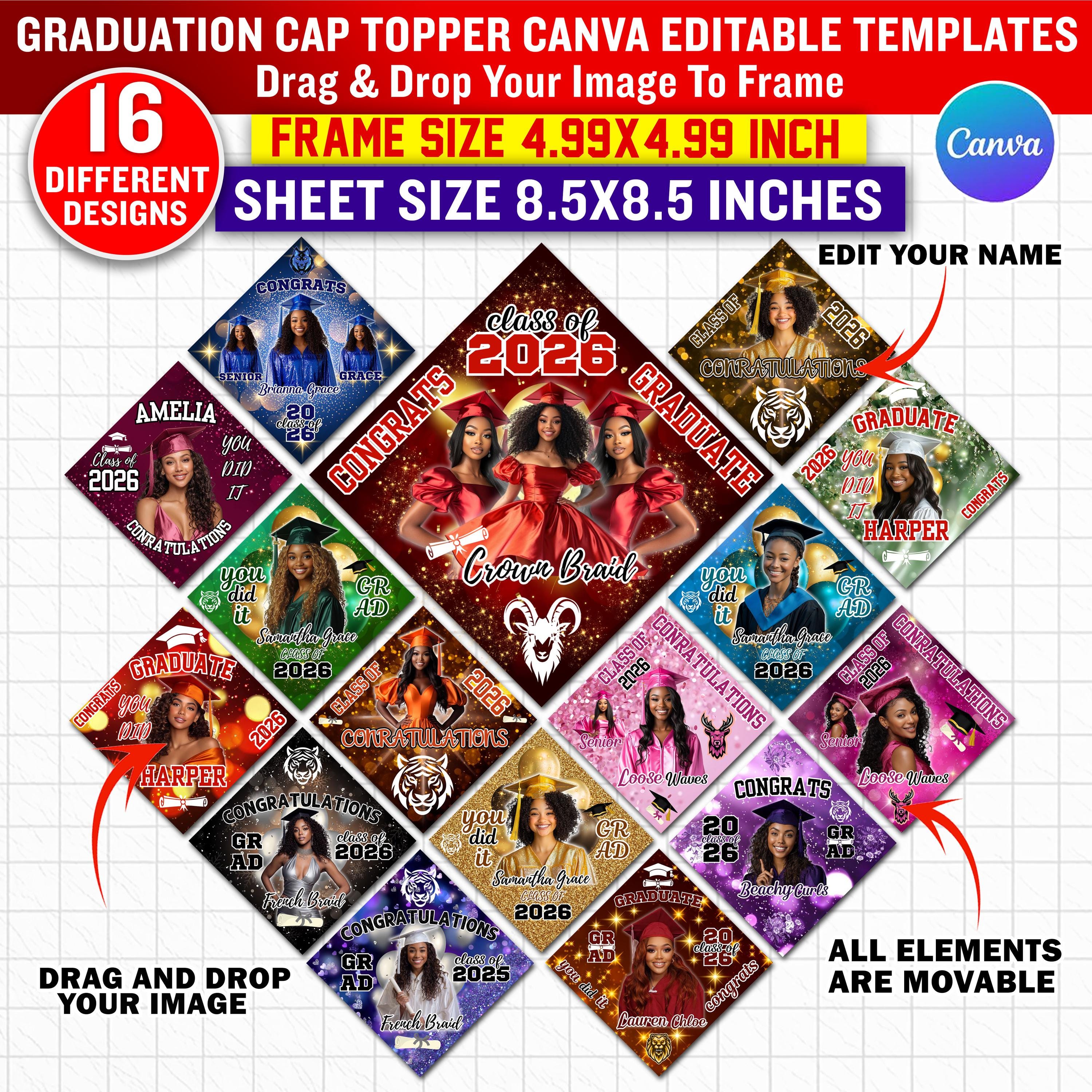 70+ Graduation Cap Topper Canva Template, Class of 2026 Grad Photo ...