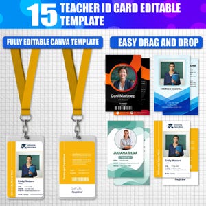 Pode incluir: Imagem com 15 modelos de cartões de identificação de professores. Os modelos incluem designs com fotos, nomes e títulos. A imagem também apresenta cordões amarelos e o texto "FULLY EDITABLE CANVA TEMPLATE" e "EASY DRAG AND DROP".