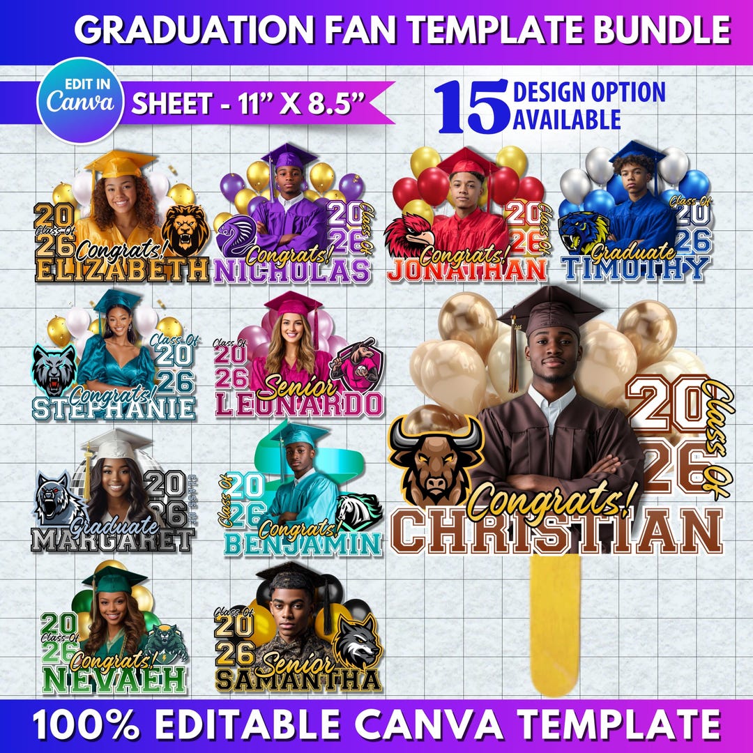 15x Graduation Fan Template Bundle | Class of 2026 Paddle Fan | Custom ...