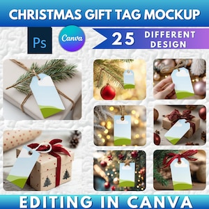 May include: A mockup image featuring Christmas gift tags with a blue sky and green landscape design. The image includes the text "CHRISTMAS GIFT TAG MOCKUP", "25 DIFFERENT DESIGN", and "EDITING IN CANVA".