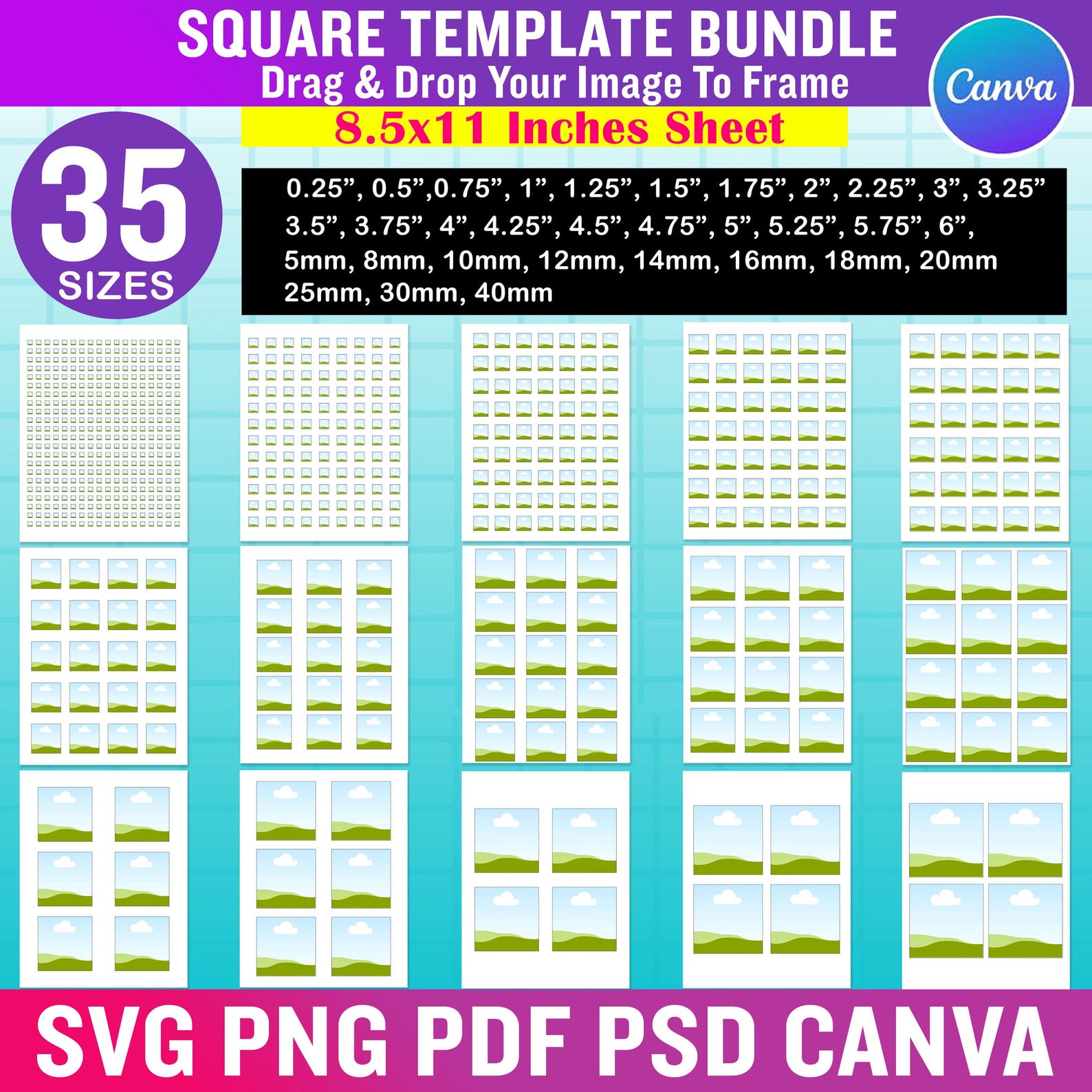 Empty Square Sticker 35x Square Template Bundle. Editable Canva Square Label, Collage Sheet ...