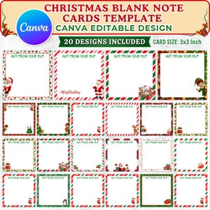 Puede incluir: Una colección digital de 20 plantillas de tarjetas de notas navideñas cuadradas, cada una de 7,62x7,62 cm. Los diseños presentan centros blancos con el texto NOT FROM YOUR ELF y varios gráficos festivos que incluyen a Santa.
