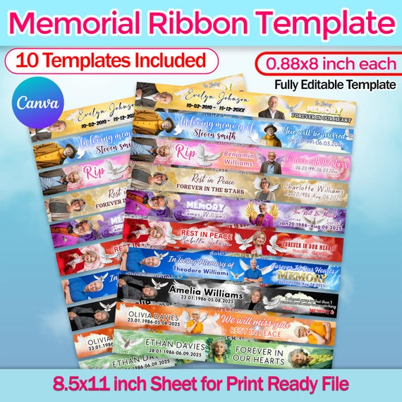 10x Memorial Ribbon Templates Bundle | Funeral Memorial Canva Designs | RIP Ribbon Design Template | Death Announcement Favor