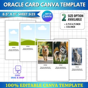Könnte beinhalten: Eine Canva-Vorlage für Orakelkarten mit dem Text "ORACLE CARD CANVA TEMPLATE". Die Vorlage bietet zwei Größenoptionen: 7 x 12 cm und 10 x 15 cm. Das Design enthält den Text "EASY DRAG & DROP" und "100% EDITABLE CANVA TEMPLATE". Das Blattformat ist 21,6 x 28 cm.