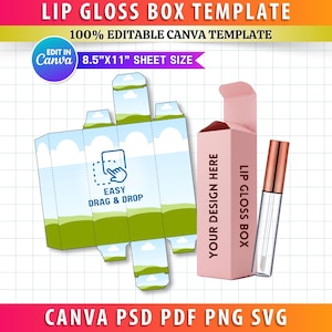 以下が含まれることがあります： 「YOUR DESIGN HERE」と「LIP GLOSS BOX」の文字が入ったピンク色のリップグロスボックスのテンプレート。風景デザインと「EASY DRAG & DROP」の文字が入った、平らで折りたたまれていないボックステンプレートが含まれています。リップグロスのチューブも表示されています。