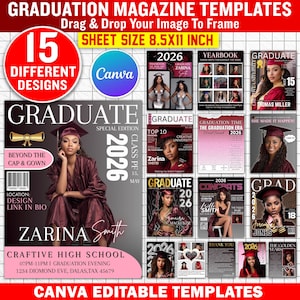 May include: A collection of 15 graduation magazine templates with a variety of designs. The templates are for Canva and feature a maroon and white color scheme. The sheet size is 8.5x11 inches. The text includes "Graduate" and "2026".
