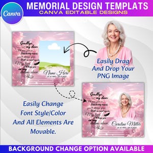 May include: A digital memorial design template with a pink sky background, featuring text that reads "Goodbye, my dear." The template allows users to easily drag and drop a PNG image, change font styles and colors, and move elements. The Canva logo is visible.